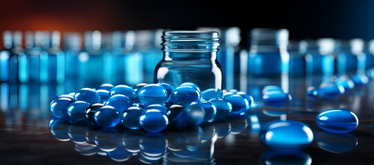 Blue Capsules are Moving on Conveyor at Modern Pharmaceutical Factory. Tablet and Capsule Manufacturing Process. Close-up Shot of Medical Drug Production Line.