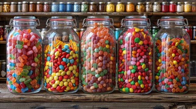 Colorful candy jars are displayed on a wooden shelf in a cozy vintage candy shop, with a blurred background of shelves filled with various sweets and treats.
