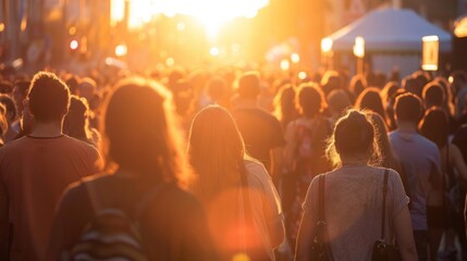 A large crowd of people moving down a street under the warm hues of a sunset, creating a bustling scene.