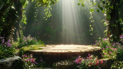 Enchanted forest podium with mystical lighting, perfect for fantasy or children's products