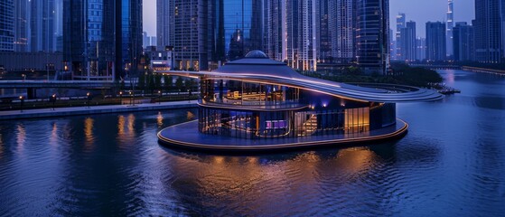 Aerial view of futuristic exterior of a building with neon lights and the reflection in river