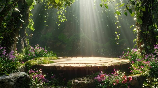 Enchanted forest podium with mystical lighting, perfect for fantasy or children's products