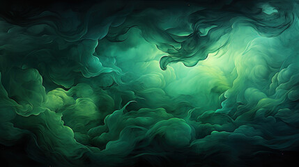 Heavenly Flowing Dark Green Color Ink Painting Black Background