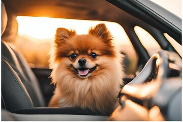 Beautiful pomeranian dog. Cute dog in car. Sunset