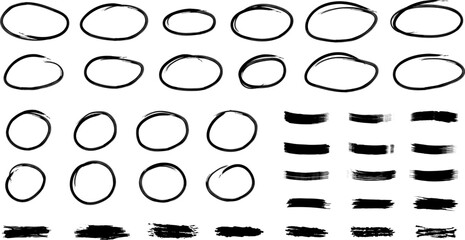 Set of black ink brush.Paint brush stroke . Hand drawn black doodle circle brush stroke . Set of geometric one line frames . Frame with a marker of a geometric circle  . 