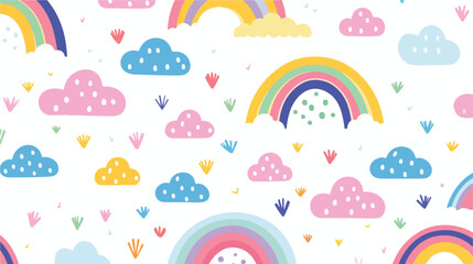 Seamless pattern with cute bright rainbows and rain