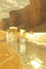 Mirage oasis with golden sands and fleeting visions, creating a dynamic desert scene where visions of water shimmer tantalizingly in the heat - obrazy, fototapety, plakaty