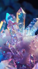 Crystal growth at the molecular level, with bonds and iridescent angles, illustrating the precise geometric beauty of crystal formation - obrazy, fototapety, plakaty