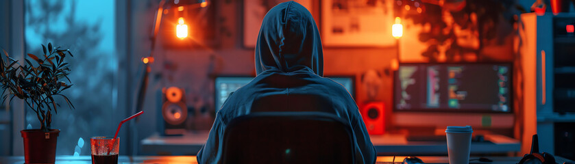 Stressed programmer in a hoodie troubleshooting a network anomaly late at night, multiple caffeinated drinks on the desk - obrazy, fototapety, plakaty