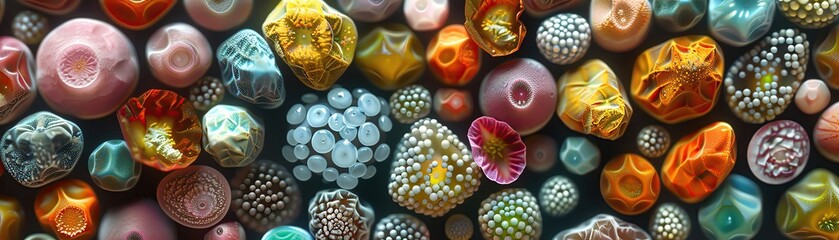 Microscopic view of pollen grains from various flowers, each randomly unique, yet collectively displaying a kaleidoscope of beauty
