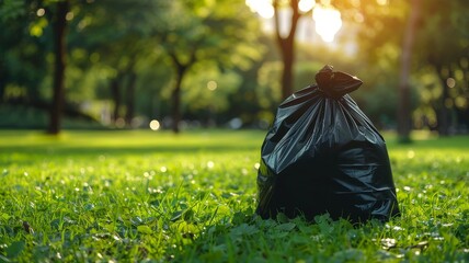 Environmental Conservation. Cleaned Forest, Cleaned Park Waste. Filled Trash Bag against Blurred Clean Green Park Background with Space for Text.