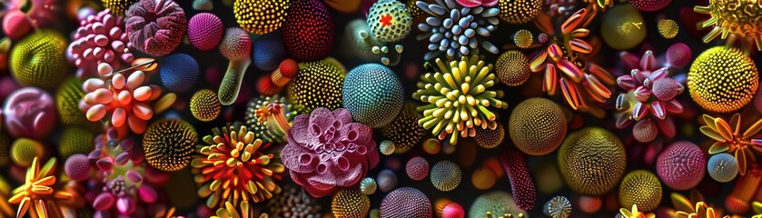 Microscopic view of pollen grains from various flowers, each randomly unique, yet collectively displaying a kaleidoscope of beauty - obrazy, fototapety, plakaty