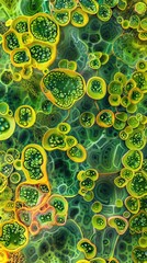 Microscopic view of algae blooms, illustrating the random yet aesthetically pleasing patterns and vibrant colors in water ecosystems - obrazy, fototapety, plakaty