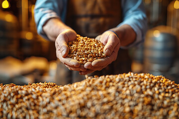 man brewer holds handful of wheat malt grain in hands at beer factory close up