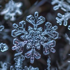 Microscopic view of snowflakes, showcasing each unique and randomly formed crystal with stunning symmetry and beauty - obrazy, fototapety, plakaty