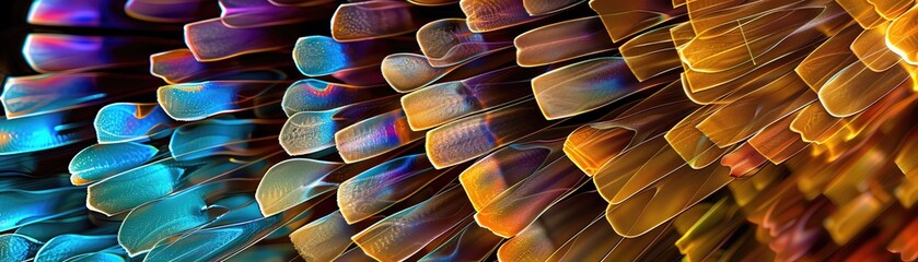 Microscopic view of butterfly wing scales, revealing the random and intricate designs that create vibrant, beautiful colors - obrazy, fototapety, plakaty