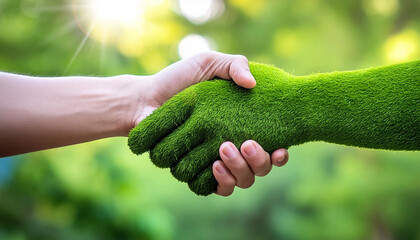 Close-up of handshake between a human hand and a hand made of green grass. Cooperation to prevent sustainable climate change for the earth and social environment and governance or ESG. Generative Ai.