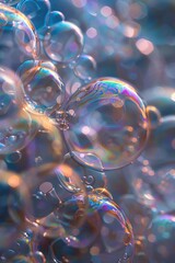 Microscopic view of soap bubbles, capturing the random interplay of colors and light in their thin, shimmering membranes - obrazy, fototapety, plakaty