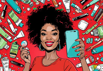 African American woman holding cell phone surrounded by beauty products in illustration concept - obrazy, fototapety, plakaty