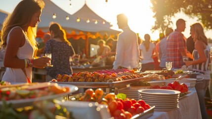 A diverse group of individuals standing around a table filled with a variety of delicious food dishes.