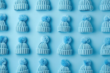 Row of Blue Knitted Hats with Pom Poms on Blue Background for Winter Fashion Display and Accessories Concept - obrazy, fototapety, plakaty