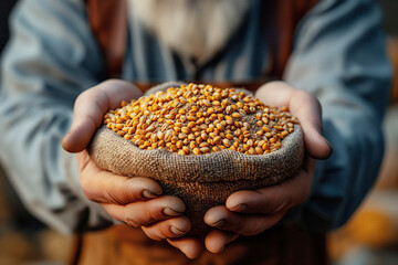 man farmer holds a sack with harvest of wheat malt grain in hands close-up