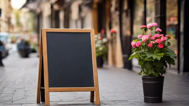 Empty menu board stand. Restaurant sidewalk chalkboard sign board. Freestanding A-frame blackboard near outdoor cafe. Copy space for text, selective focus