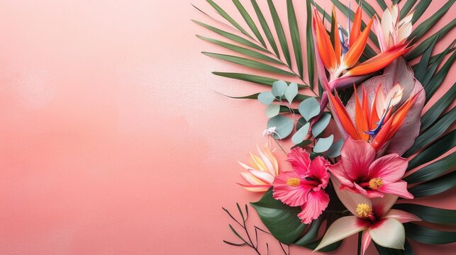 fresh bird of paradise proteas hibiscus tropical flowers on solid orange background with copy space for text, backdrop mockup template design concept
