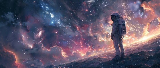 An astronaut staring out into the vastness of space, surrounded by twinkling stars and distant galaxies - obrazy, fototapety, plakaty