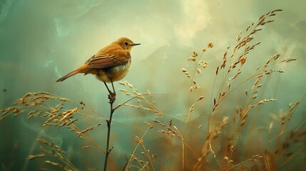 A solitary bird perched atop a withered tuft of grass - obrazy, fototapety, plakaty