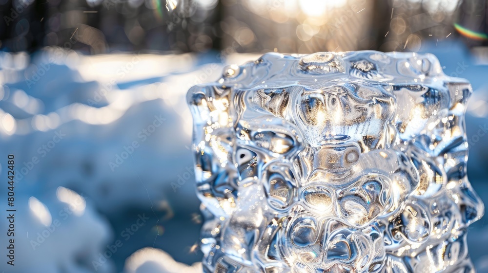 Poster close-up of translucent ice block sparkling in sunlight against snowy background