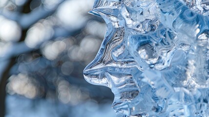 Close-up of translucent, intricately textured ice formation with bluish tint against blurred background