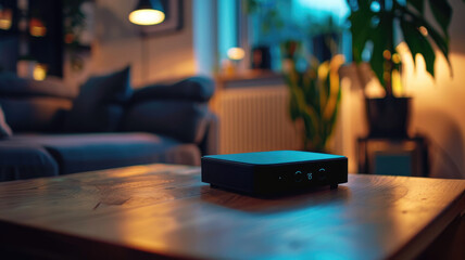 Black streaming device with illuminated buttons on wooden table in cozy, dimly-lit living room