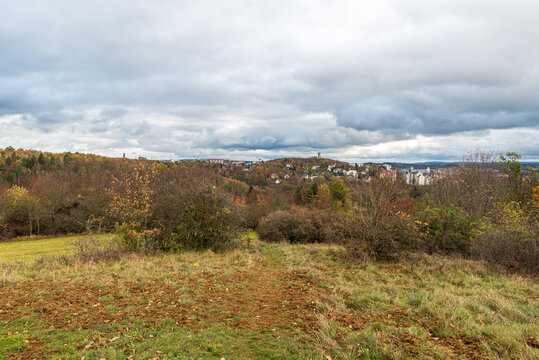 View to Plauen city from Birkenhubel hill above Syratal valley in Germany