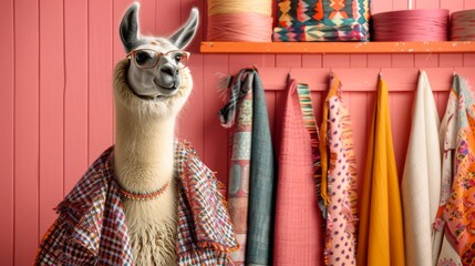 Fototapeta premium A llama as a textile industry entrepreneur, showcasing fabric samples and discussing patterns