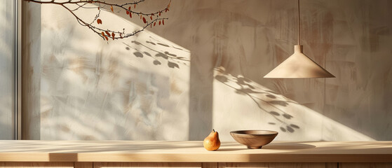 Still life with pear and bowl on wooden table with branch casting shadows on the wall.