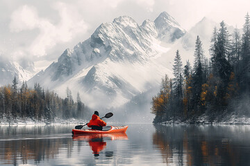 kayaker is sailing on red kayak on lake on a winter trip with a landscape with snowy mountains and forest