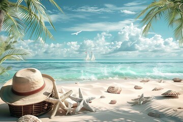 Obraz premium 3D animation of Tropical beach with accessories, summer holiday background.