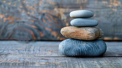 Stack of smooth stones balanced on wooden surface with rustic backdrop