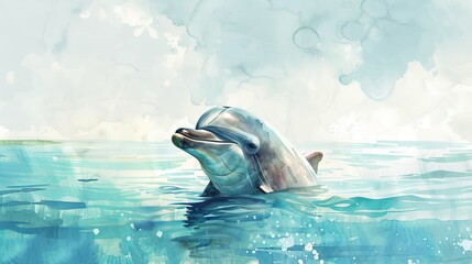 Artistic watercolor featuring a curious dolphin peeking out of the water, its eyes full of wonder, set against a serene ocean backdrop