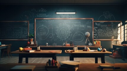 Classroom with blackboard and math or physic formulas written by white chalk.
