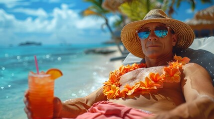 Happy retired elderly man sitting on a lounge chair, drinking a cocktail on the beach and enjoying his vacation.