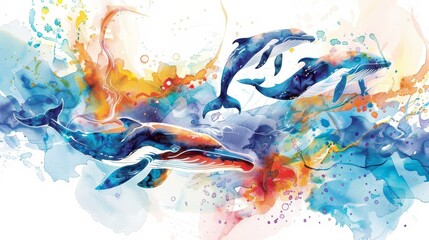 Artistic watercolor featuring a playful pod of whales dancing under the sea, their movements creating swirls of color that captivate young minds