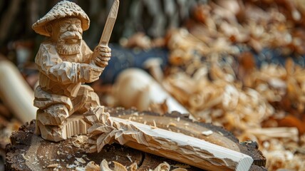 Carved wooden figure of person with tool, surrounded by shavings