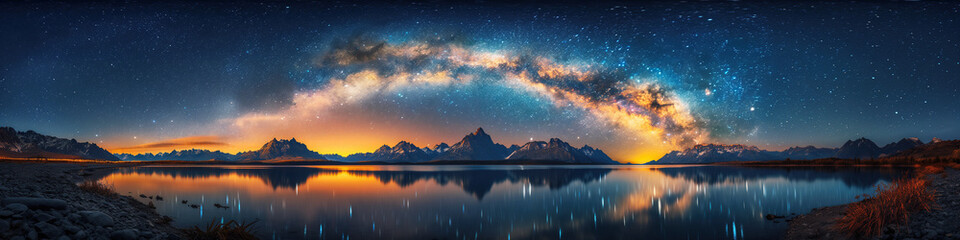 landscape with milky way in night starry sky against background of mountains and lake