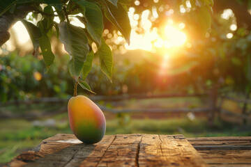 Ripe Mango tropical fruit hanging on tree with rustic wooden table and sunset at organic farm