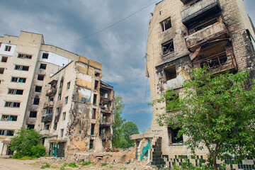 Destroyed burnt buildings after a fire and a rocket hit. Ukraine. Kyiv region. Borodyanka.