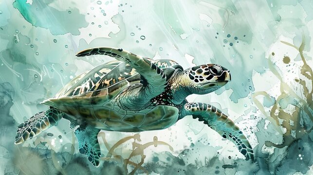 Artistic watercolor of a sea turtle with a patterned shell, set against a backdrop of swaying seaweed and floating bubbles, perfect for a child's imaginative space
