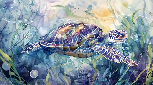 Artistic watercolor of a sea turtle with a patterned shell, set against a backdrop of swaying seaweed and floating bubbles, perfect for a child's imaginative space
