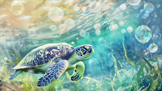 Artistic watercolor of a sea turtle with a patterned shell, set against a backdrop of swaying seaweed and floating bubbles, perfect for a child's imaginative space